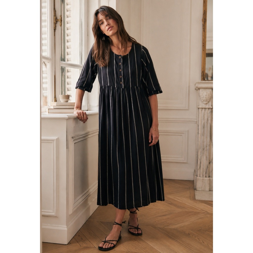 Pyne & Smith Black White Salem Stripe No. 12 Midi Dress Linen Size XS